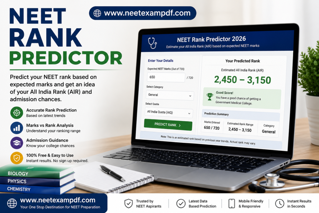 NEET Rank Predictor 2026 showing expected marks, estimated All India Rank (AIR), counselling guidance, and admission prediction for NEET UG aspirants.